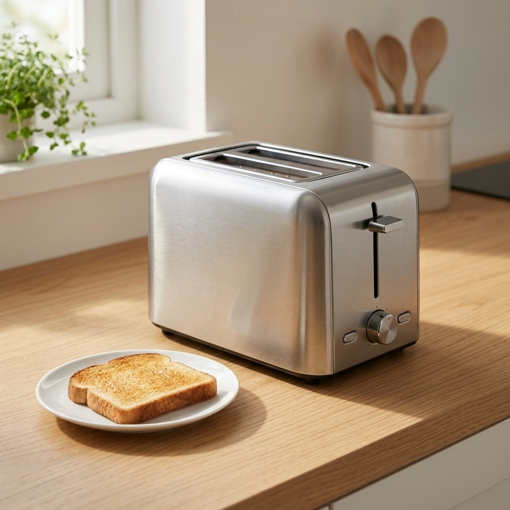 A dedicated gluten-free toaster on a clean kitchen counter, essential for avoiding cross-contamination.