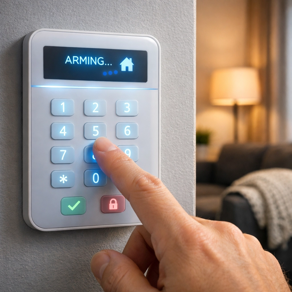 A person arming a modern home intruder alarm keypad for peace of mind in a contemporary living room.
