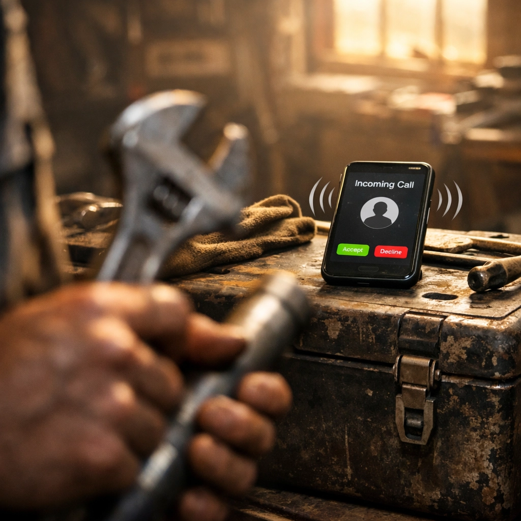 Tradesperson working with tools while phone rings showing missed customer enquiry