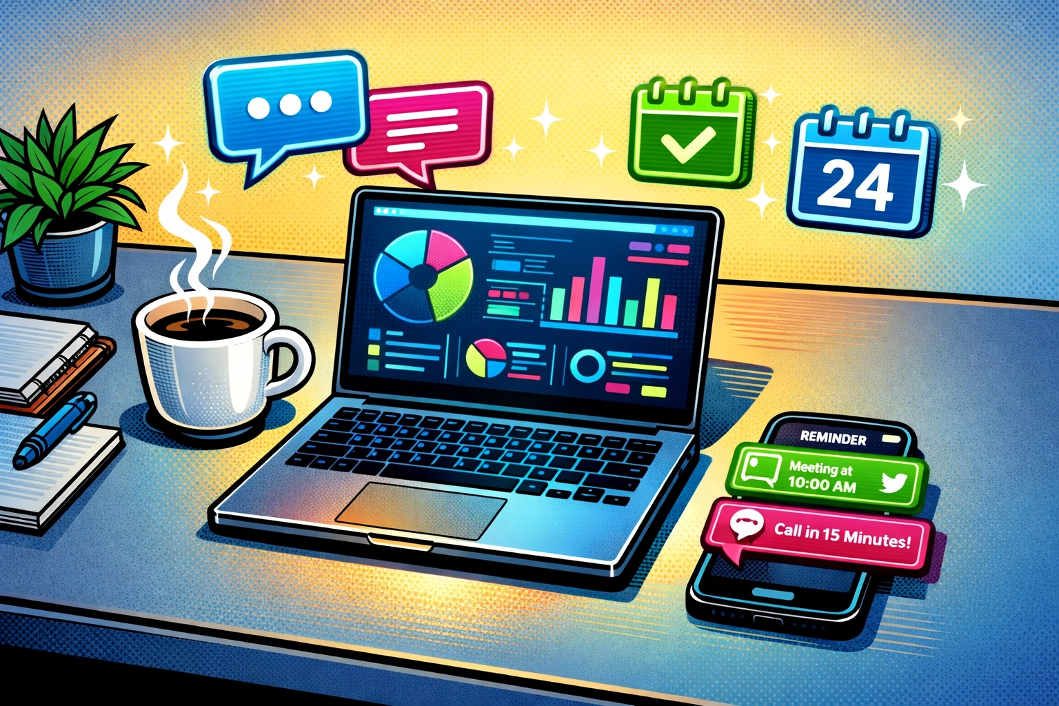 AI dashboard managing business tasks, meetings, and workflows on a clean desk