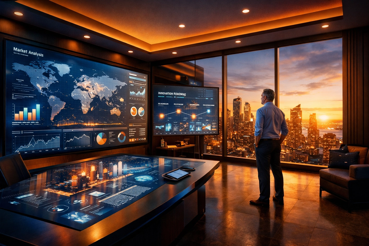 Professional in a high-tech media hub planning innovative brand solutions for global scalability.