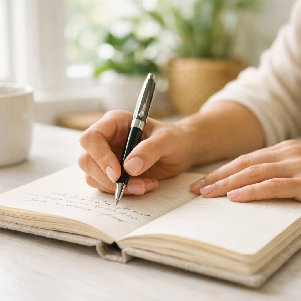 Hands writing in a journal during a quiet moment of prayer and reflection at a non denominational church.