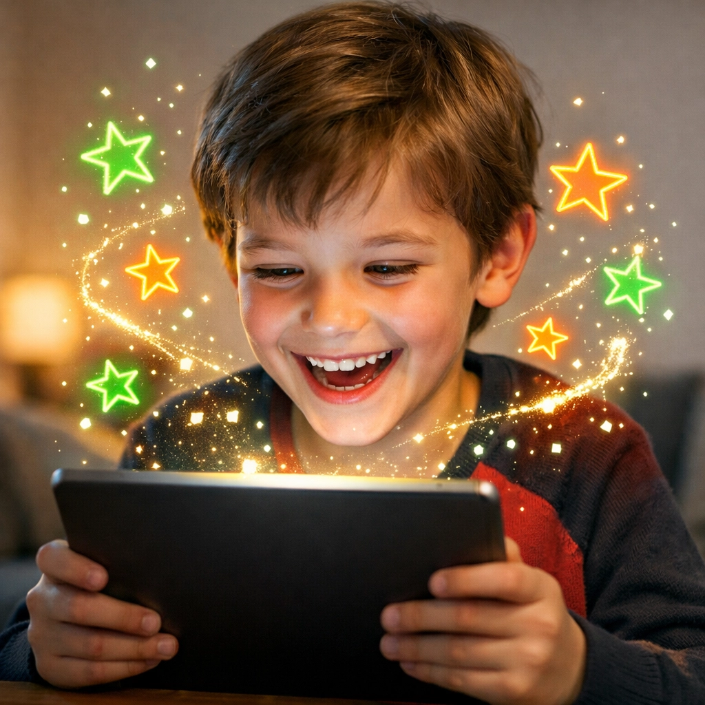 A joyful child using a tablet to access the Complete Life Skills Platform for faith-based life skills training.