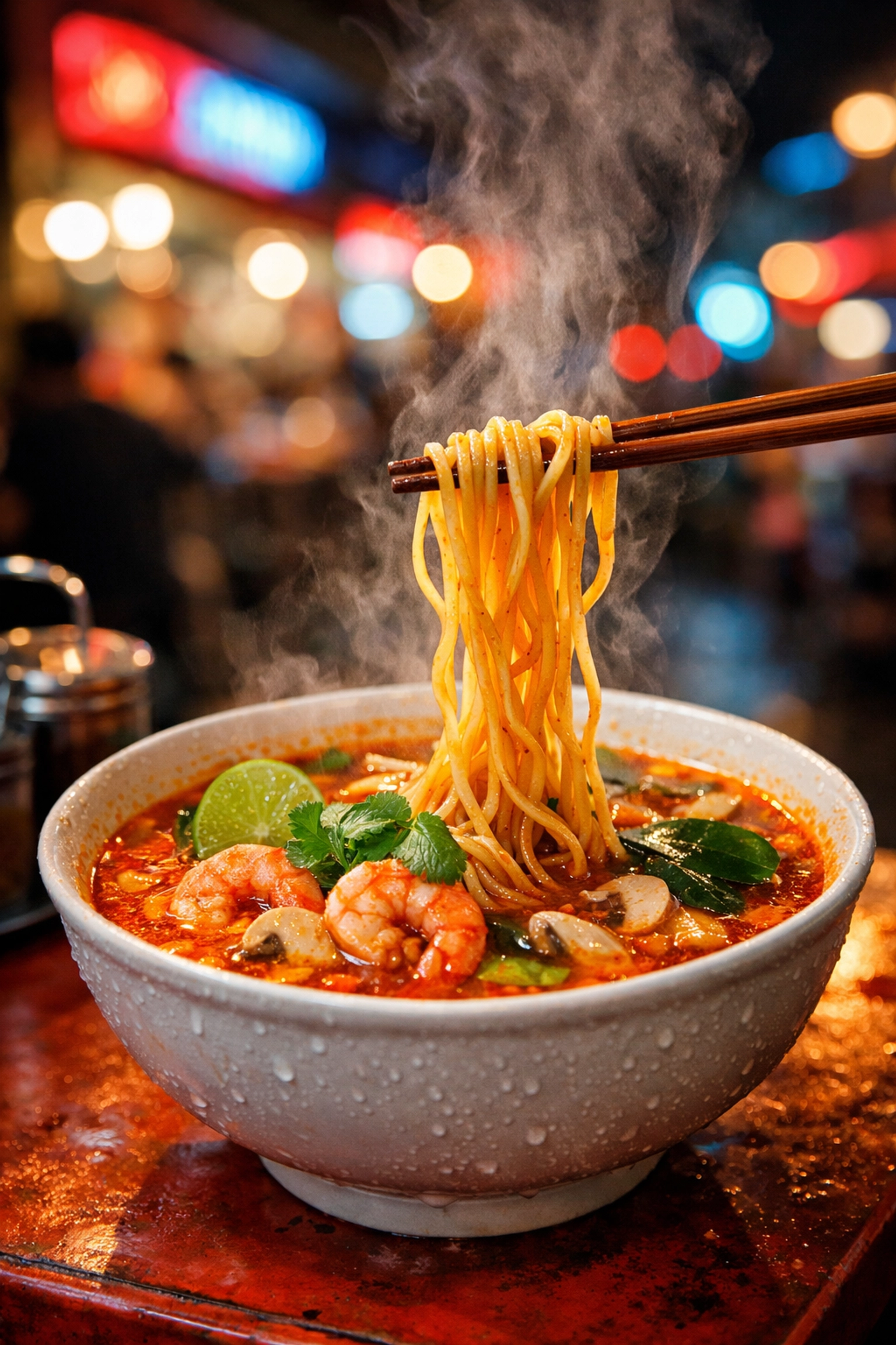 Steamy Tom Yum noodles at a night market stall, one of the best cheap eats for budget travelers in Bangkok.