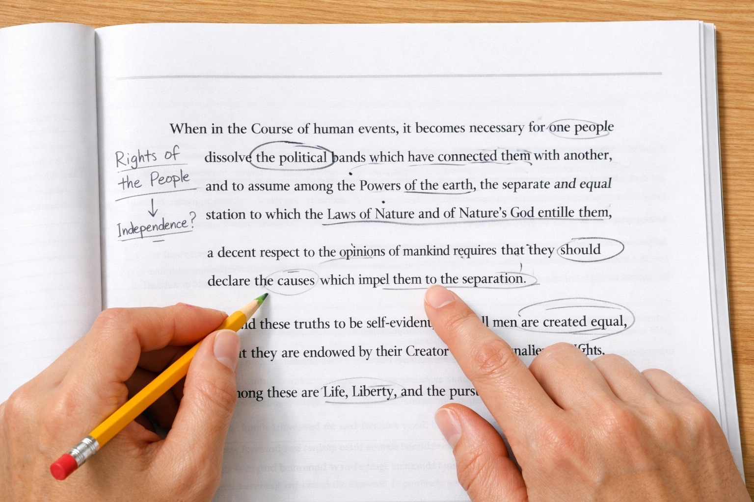 Student's hands annotating SAT history passage with pencil and strategic marking