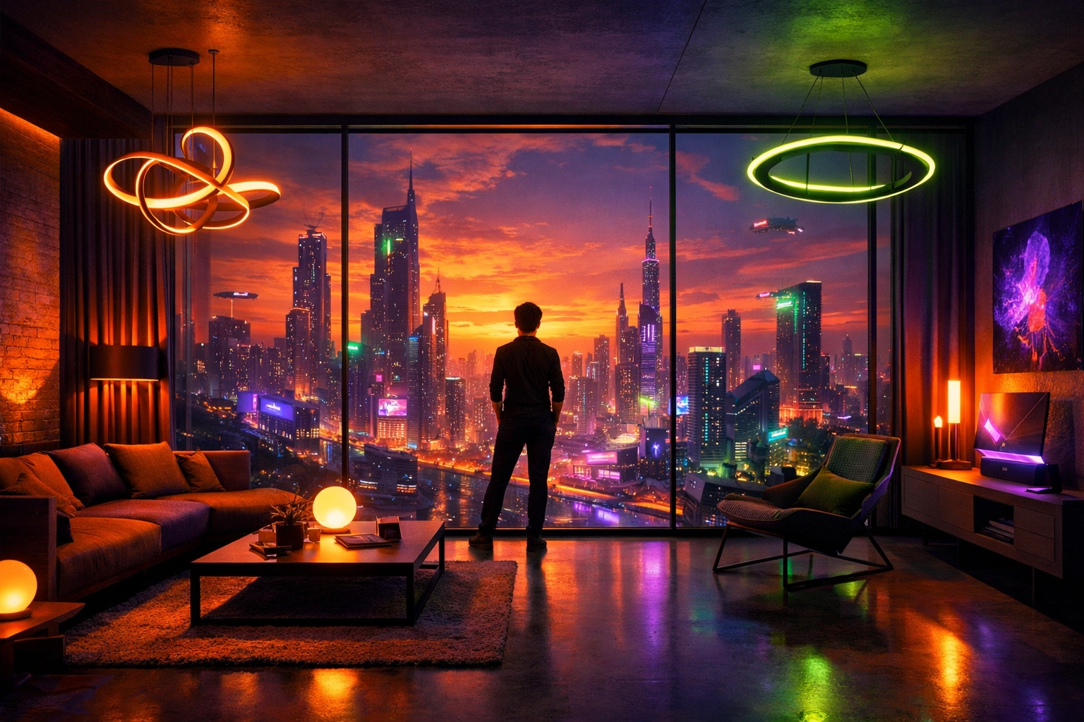 Modern individual in a futuristic living space overlooking a neon city, representing empowered sexual wellness.