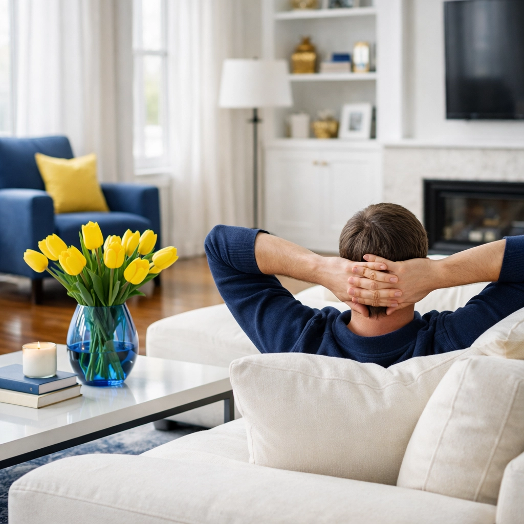 Homeowner enjoying a spotless living room after a visit from expert house cleaning services MA.