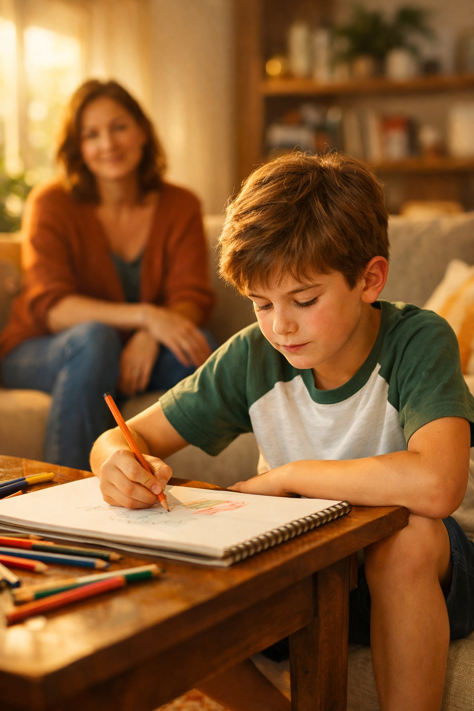 A creative child with ADHD focusing on sketching in a calm, sunlit home with their parent.