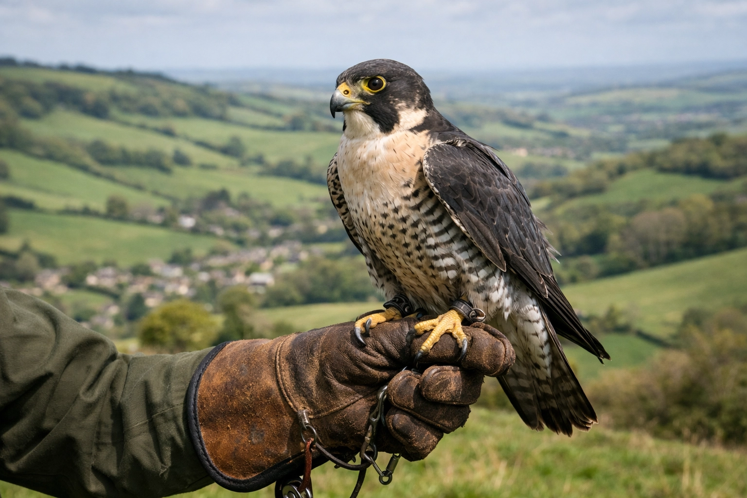 A majestic falcon perched on a handler's glove with rolling Cotswold hills in the background.