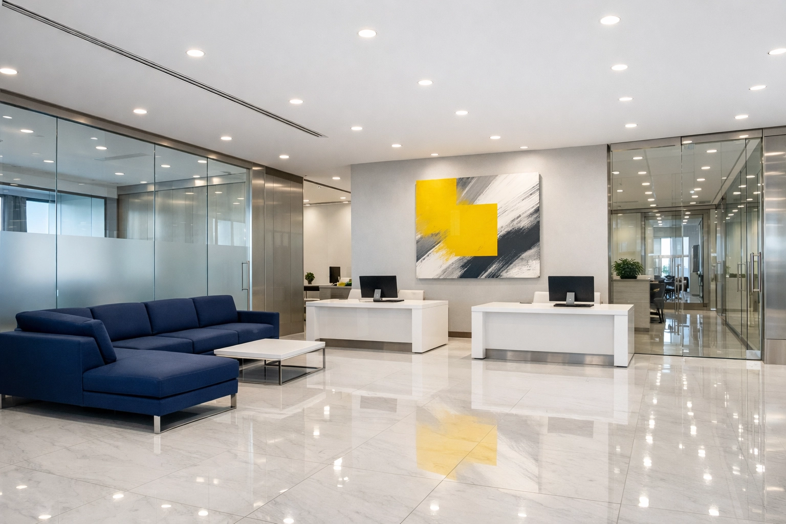 Impeccably clean MetroWest office lobby with polished floors, showcasing professional office cleaning and deep cleaning.