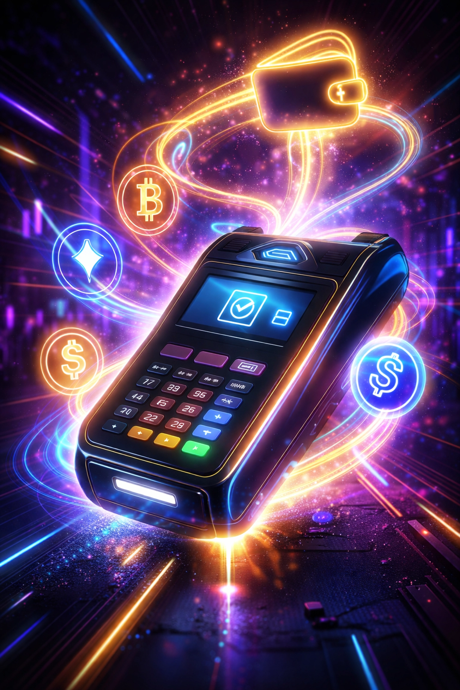 Digital payment terminal in a cyberpunk setting with crypto symbols, representing non-custodial Web3 merchant payments