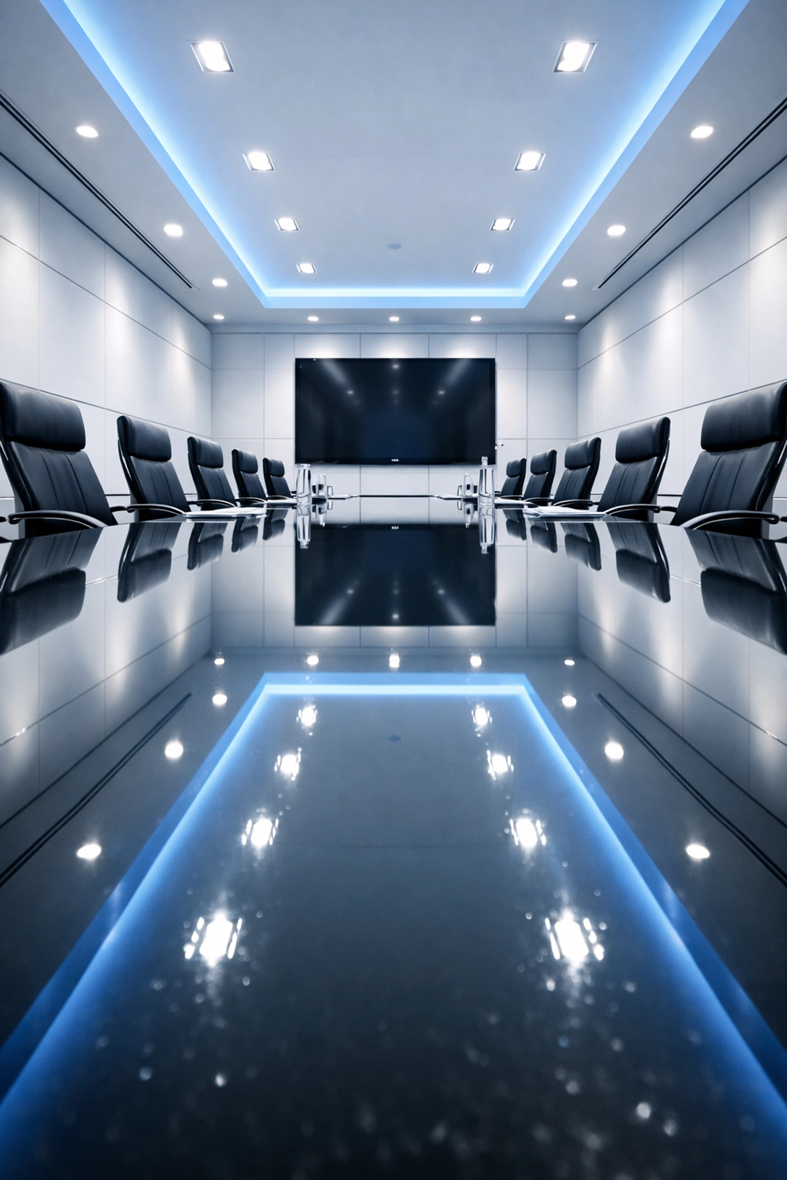 Immaculate corporate boardroom in Bedford with a streak-free glass table after professional commercial cleaning.