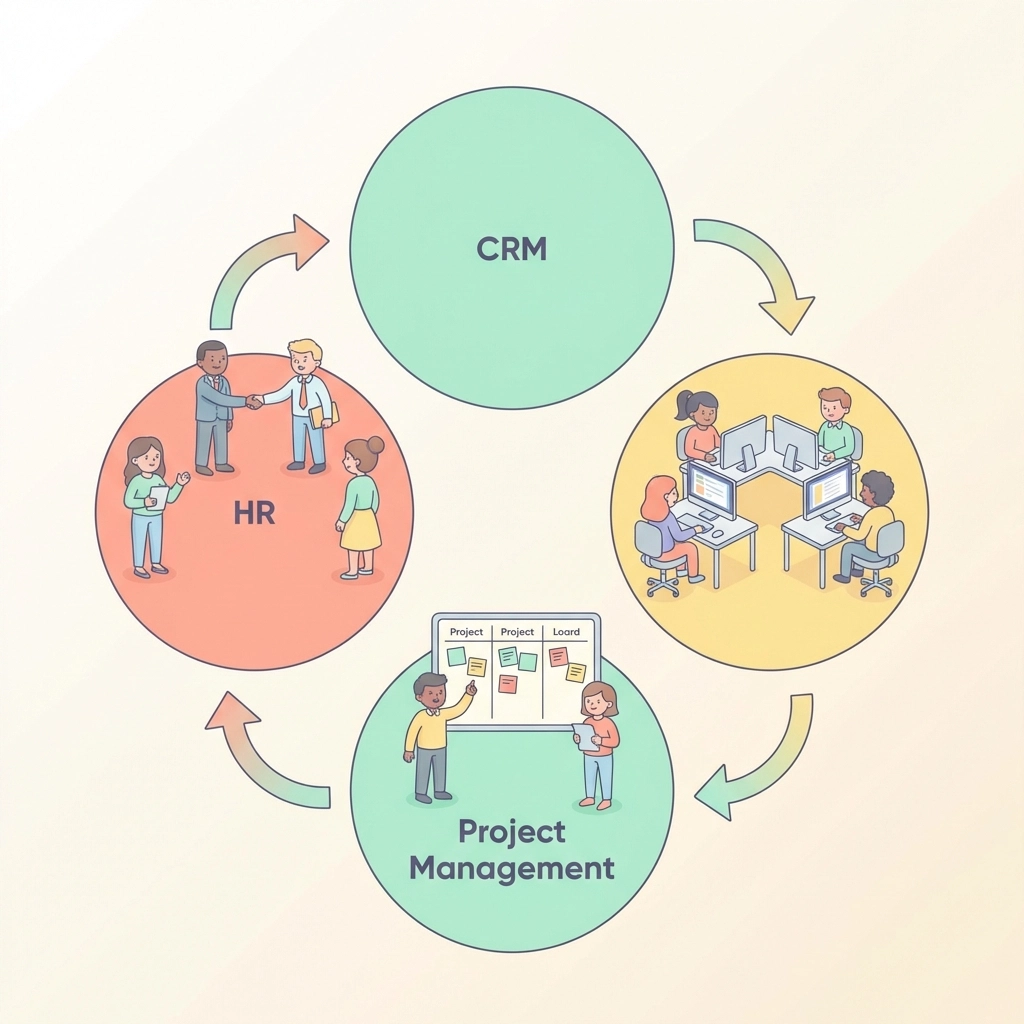 A workflow diagram connects HR, CRM, and project management with friendly characters collaborating, highlighting the importance of integrated business processes for SMBs.