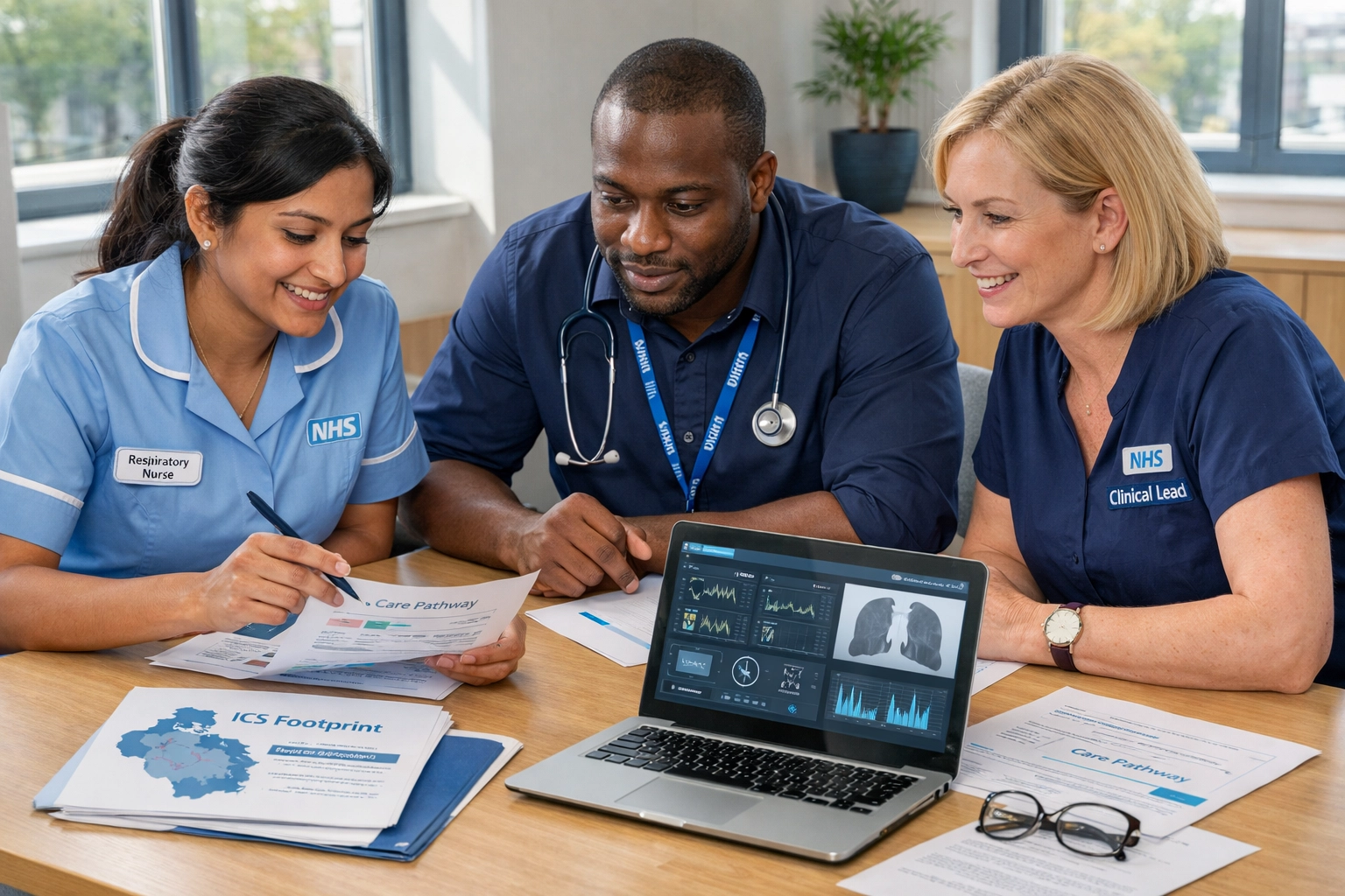NHS healthcare professionals collaborating on ICS respiratory pathway implementation and care planning