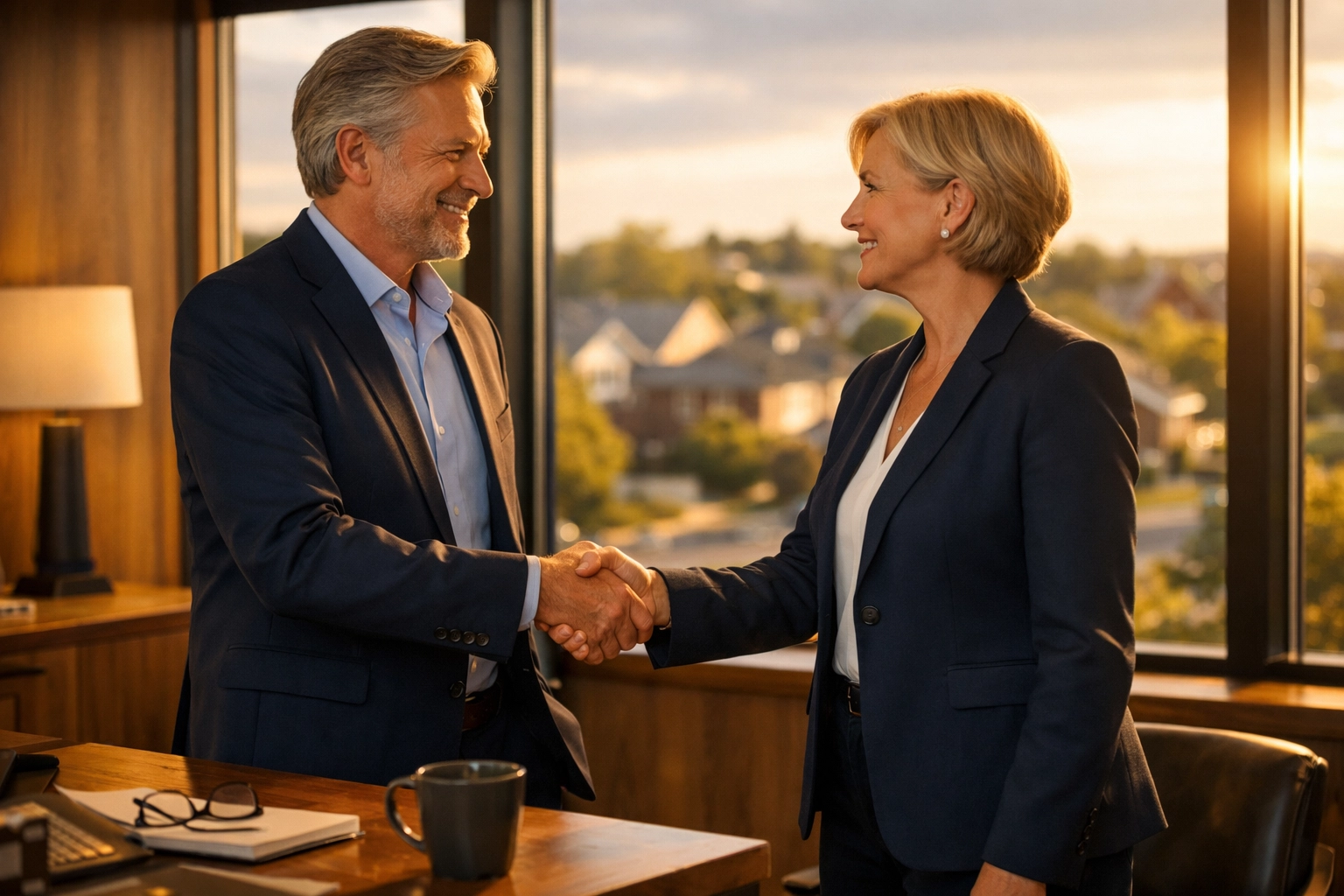 Property management professionals shaking hands representing a local regional buyer partnership.