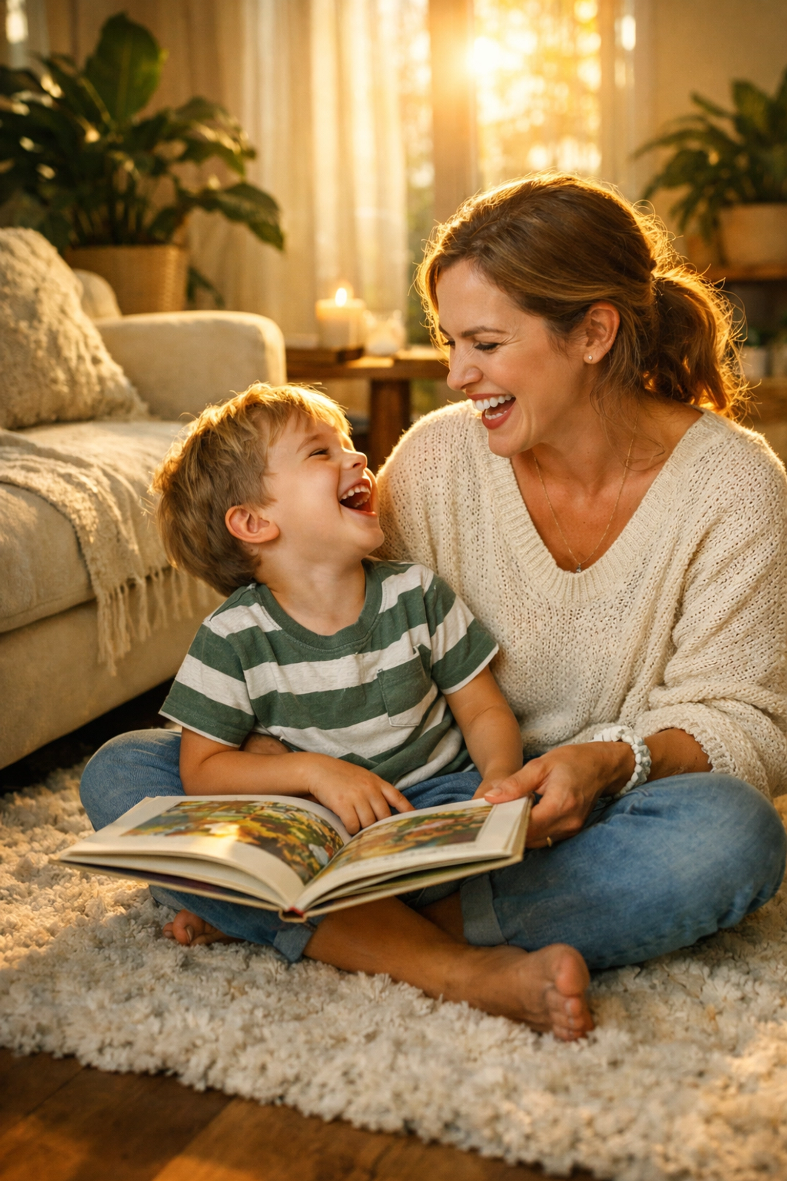 Happy mother and child bonding in a clean, chemical-free living room environment.