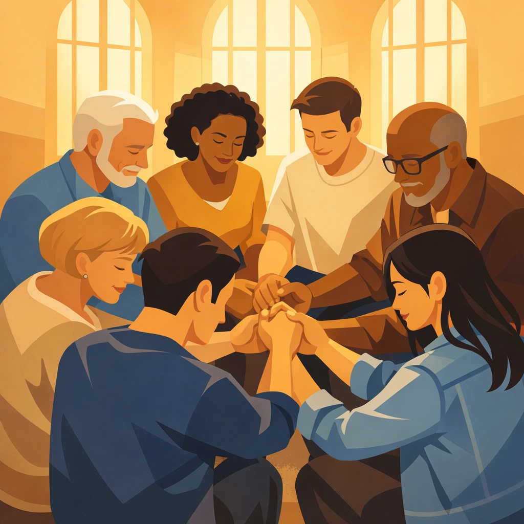 Diverse church team members joining hands in circle showing unity and trust in leadership