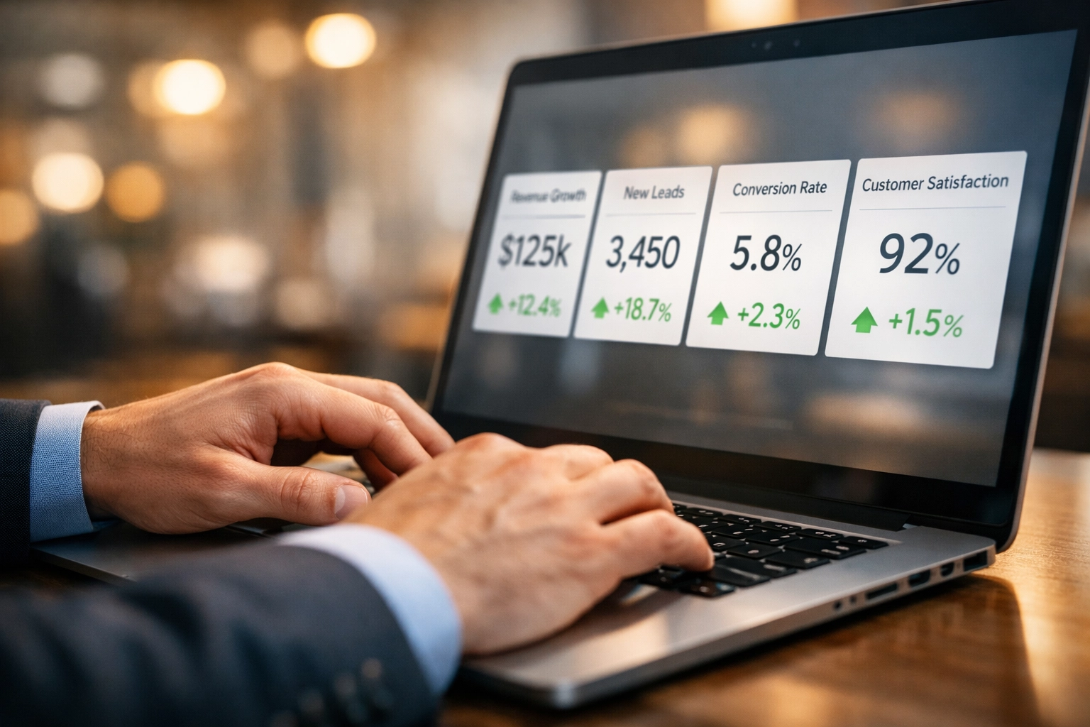 Close-up of a digital dashboard showing rising ROI and ITOM performance metrics on a laptop.