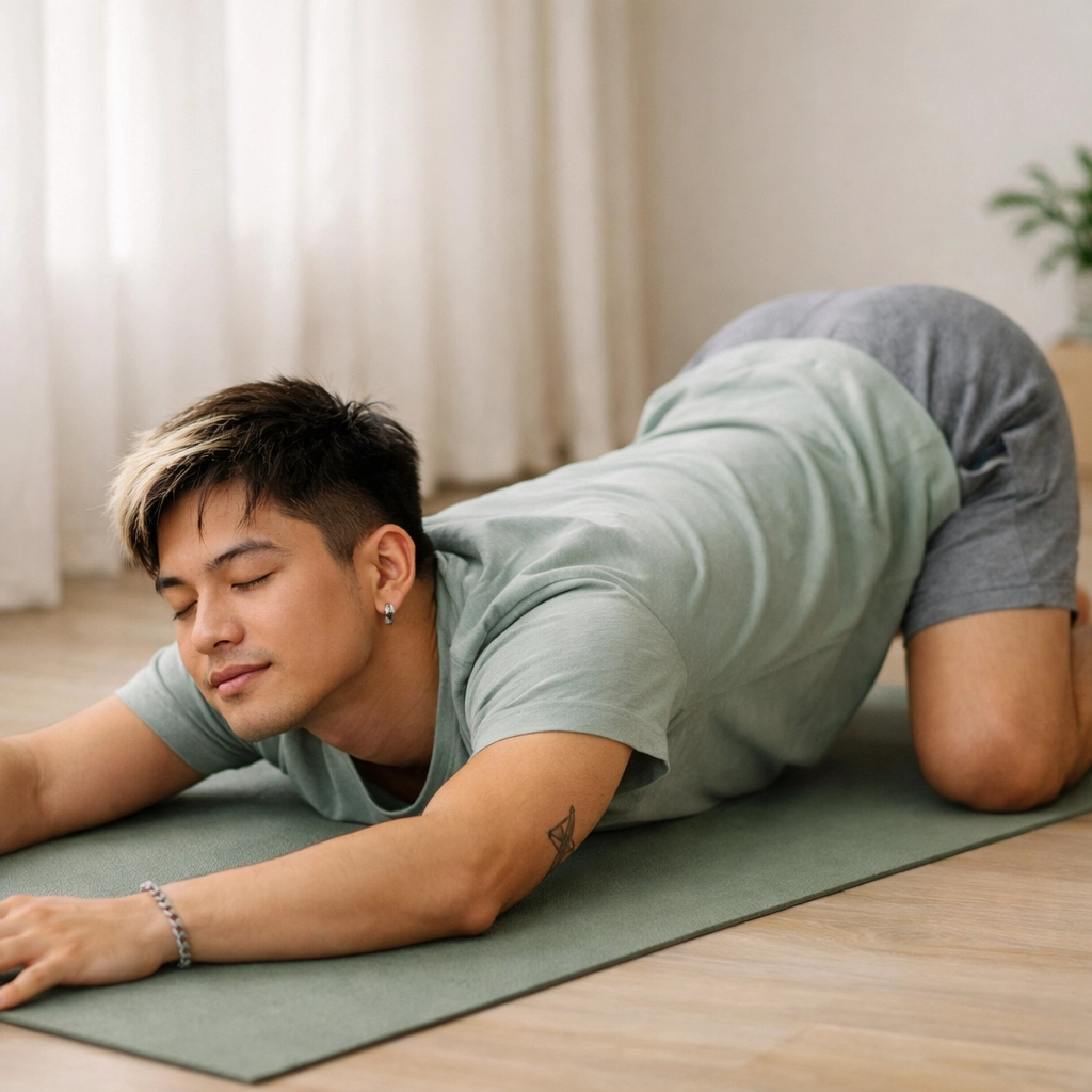 Man practicing mindful puppy play pose for mental health and stress relief