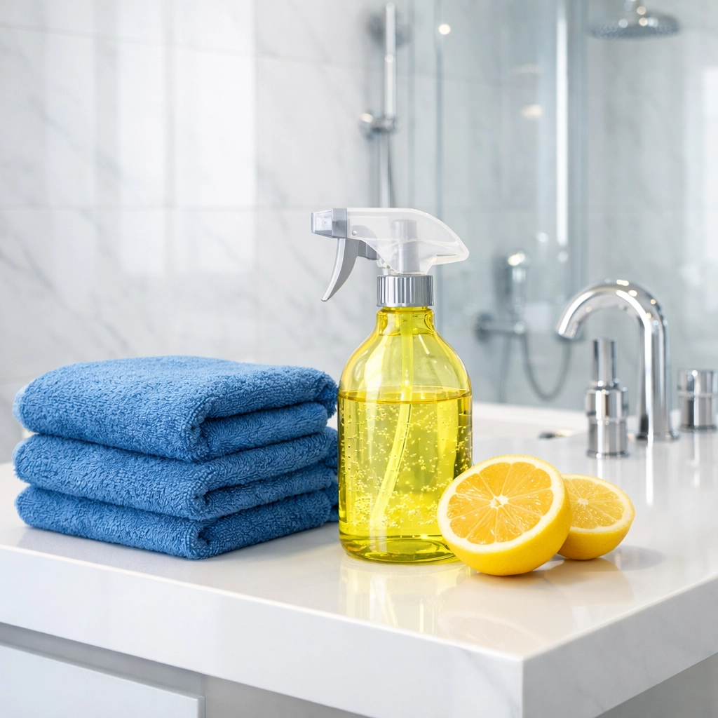 Eco-friendly cleaning supplies on a marble vanity highlighting a professional bathroom cleaning checklist.