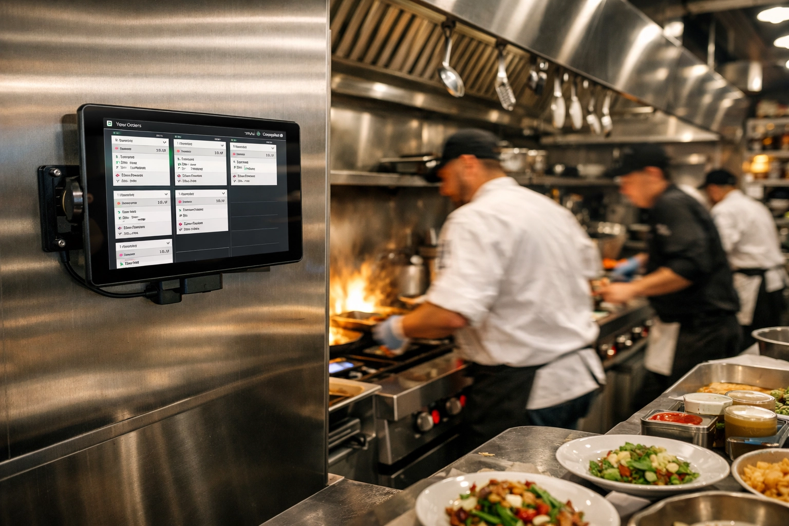Restaurant kitchen with tablet POS system displaying orders during busy service