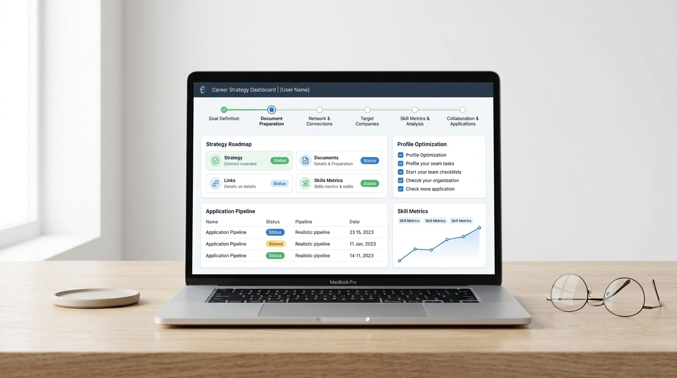 Realistic laptop on a desk showing a clean career strategy software interface fully contained within the screen.