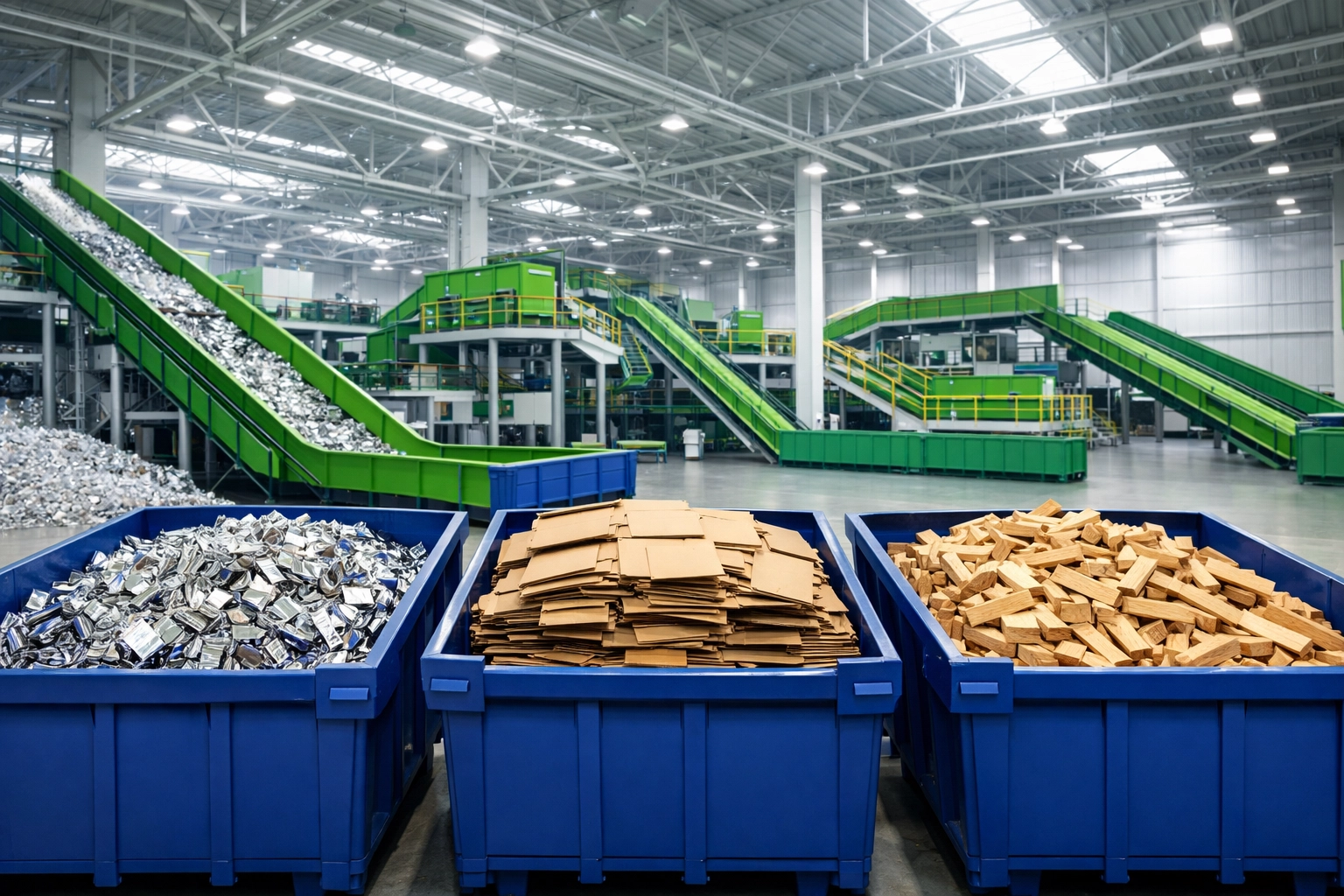 Sorted recycling bins for wood and metal at a professional facility providing eco friendly junk removal North York.
