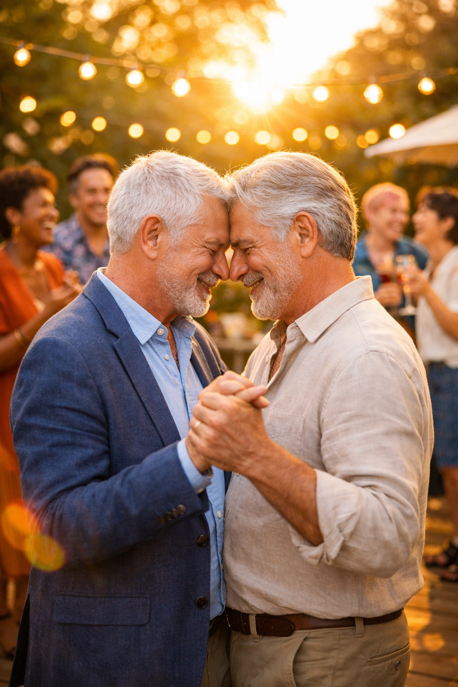 An older gay couple dancing at a celebration, representing lifelong love and the beauty of queer companionship.