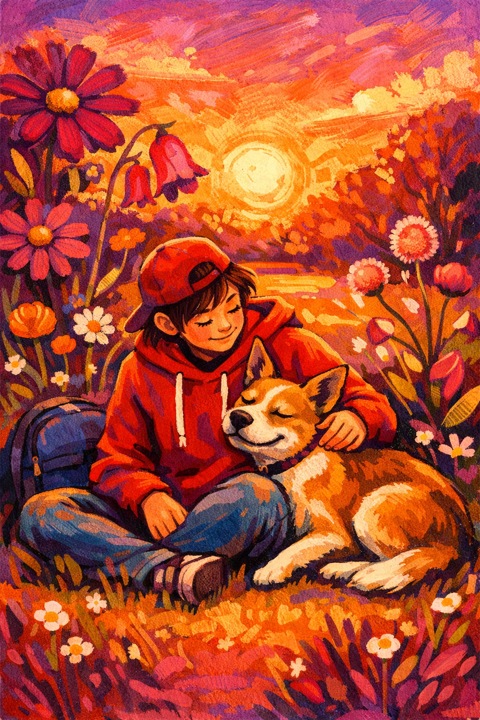 A person sitting with a calm rescue dog in a vibrant park, showcasing the bond when you foster a dog.