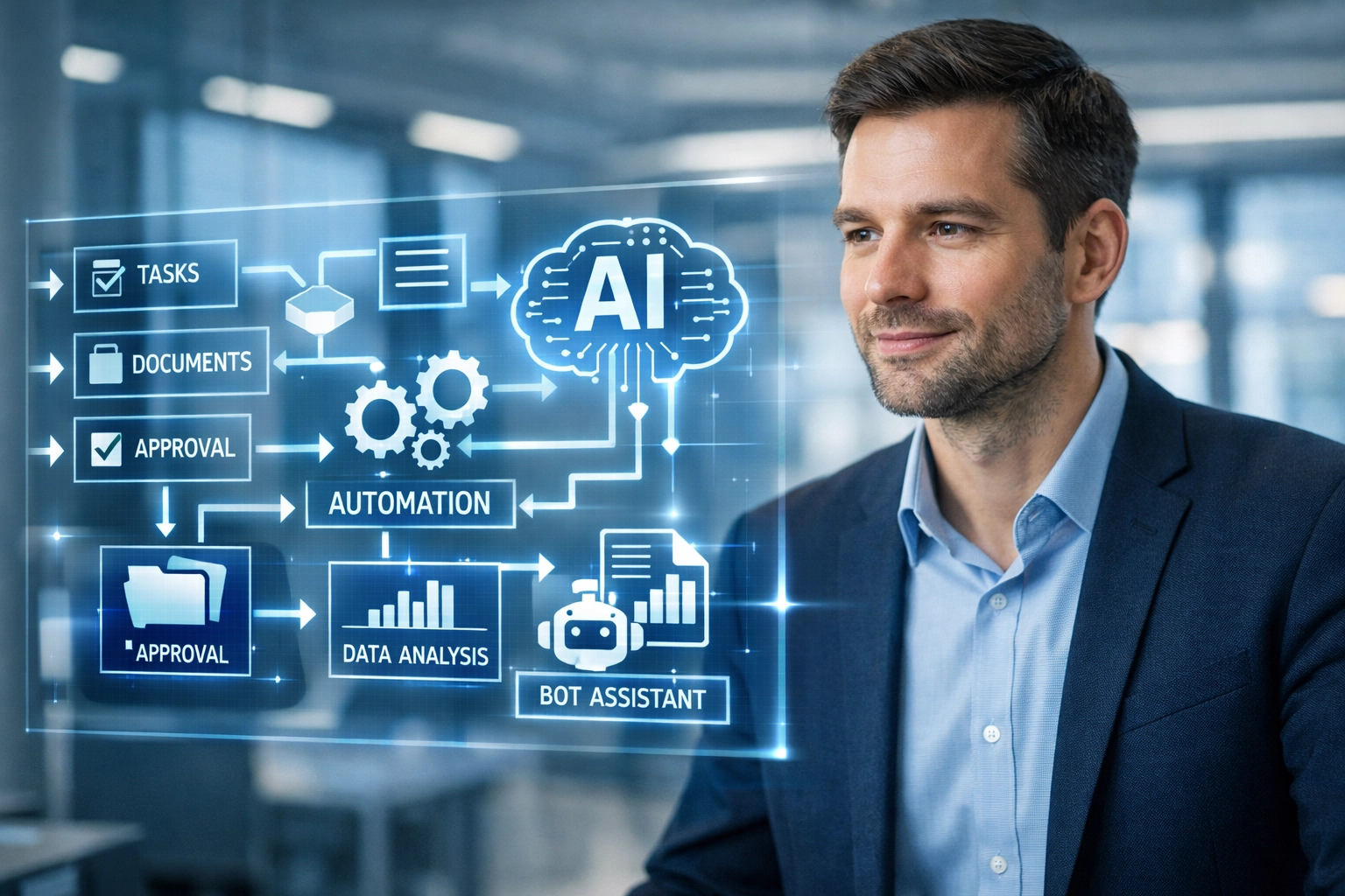 Business professional analyzing AI-driven automation workflows for operational transformation