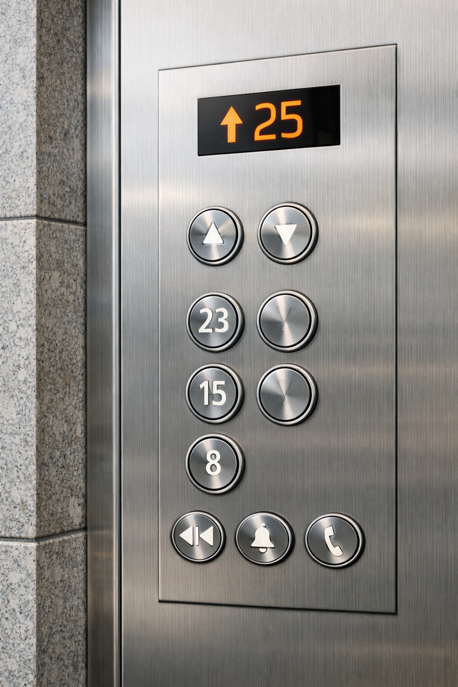 Disinfected stainless steel elevator buttons in a clean high-rise office building.