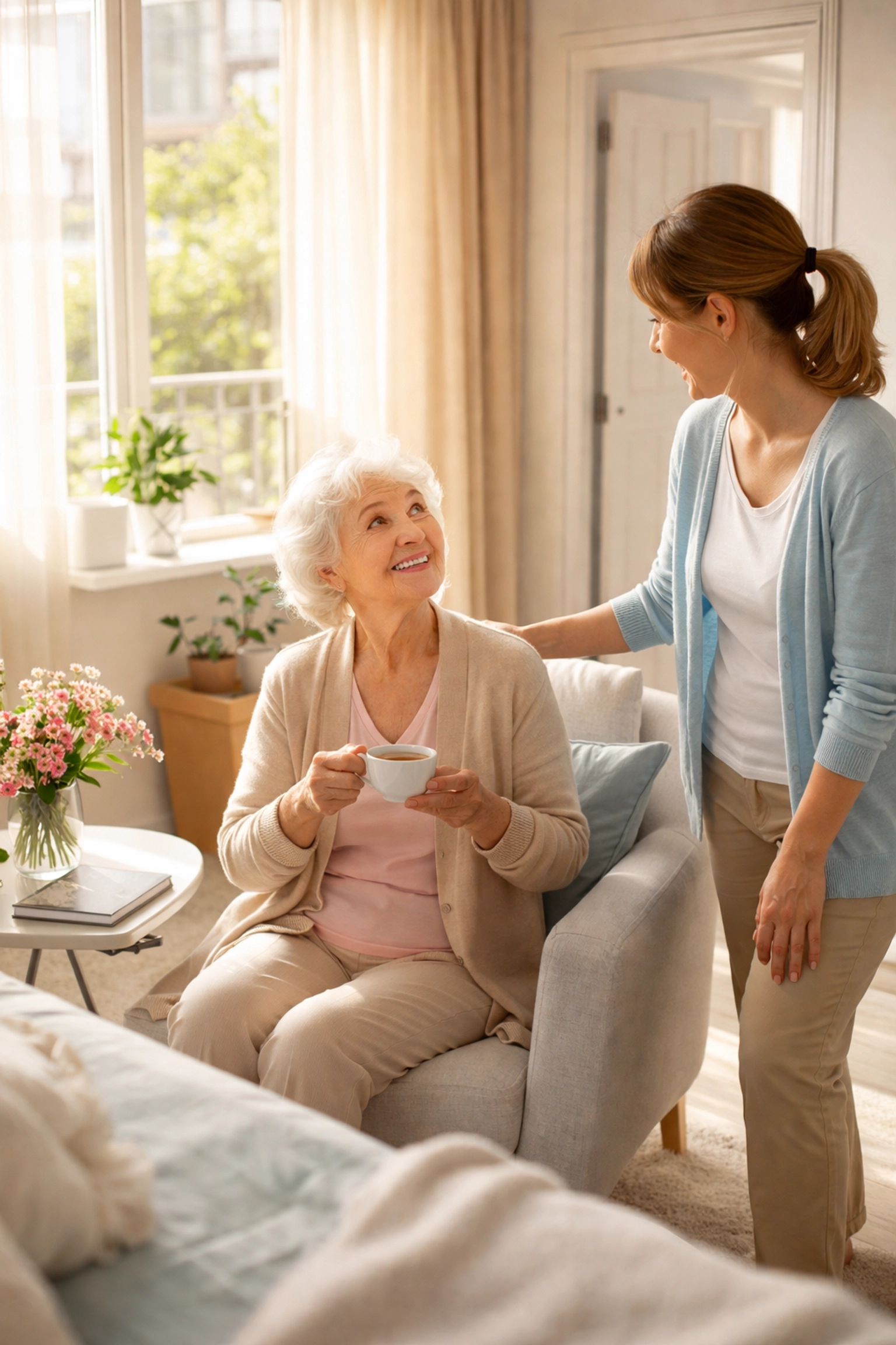 Elderly woman in a Sarasota assisted living apartment enjoys tea with caregiver, highlighting a supportive senior living environment.