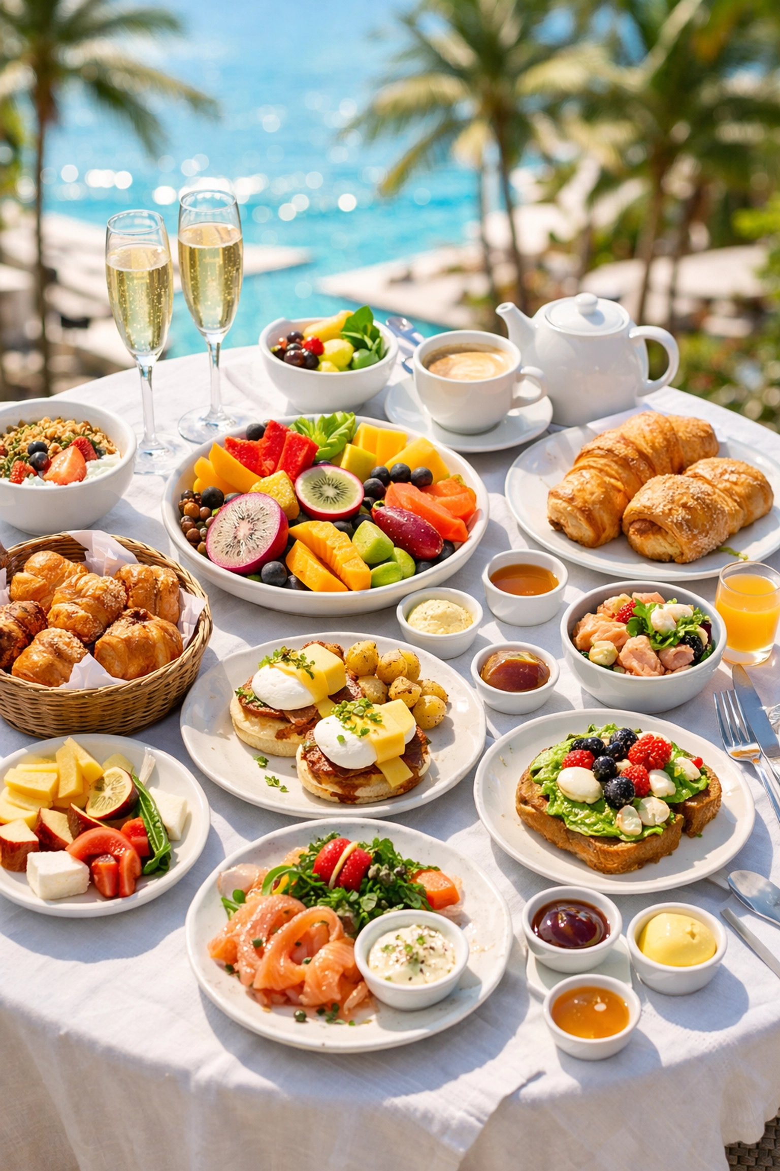 All inclusive luxury resort breakfast spread with champagne and gourmet food on sunny terrace