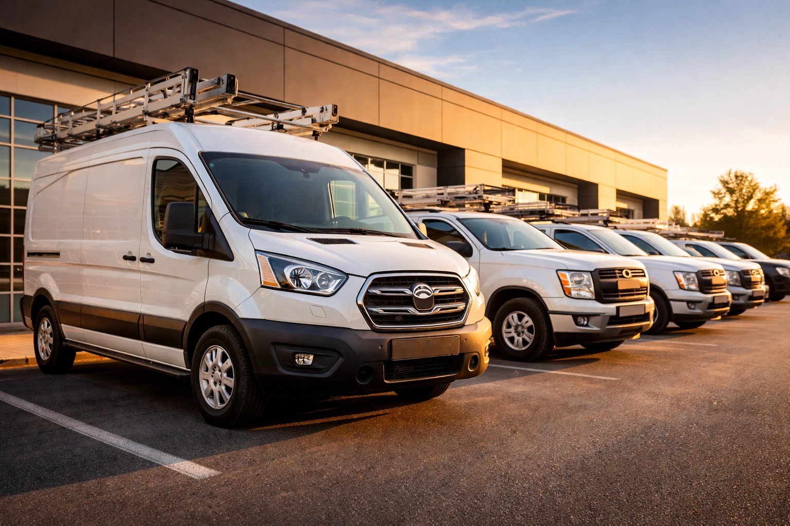Fleet of commercial work vans and pickup trucks at a business facility, representing commercial auto insurance coverage.