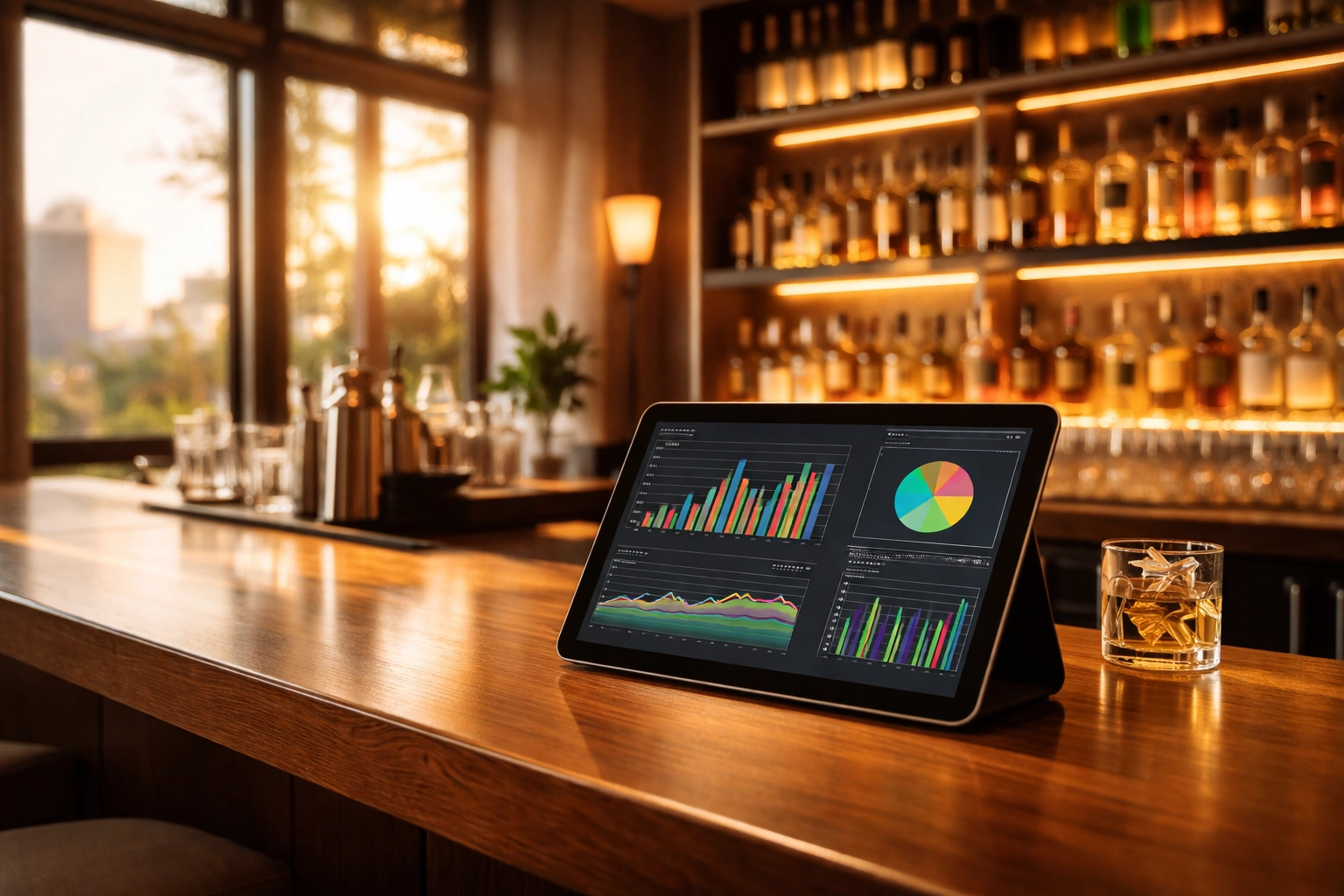 Tablet displaying AI forecasting analytics on an upscale bar counter with premium liquor bottles