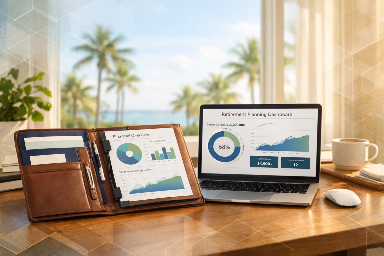 Financial planning workspace in Stuart Florida with retirement documents and portfolio review