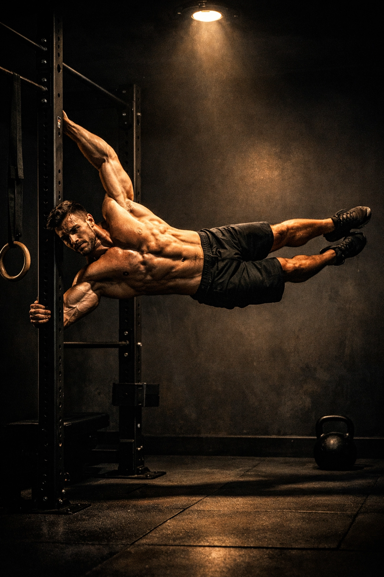 Athlete performing a human flag on calisthenics equipment for home training and bodyweight strength.
