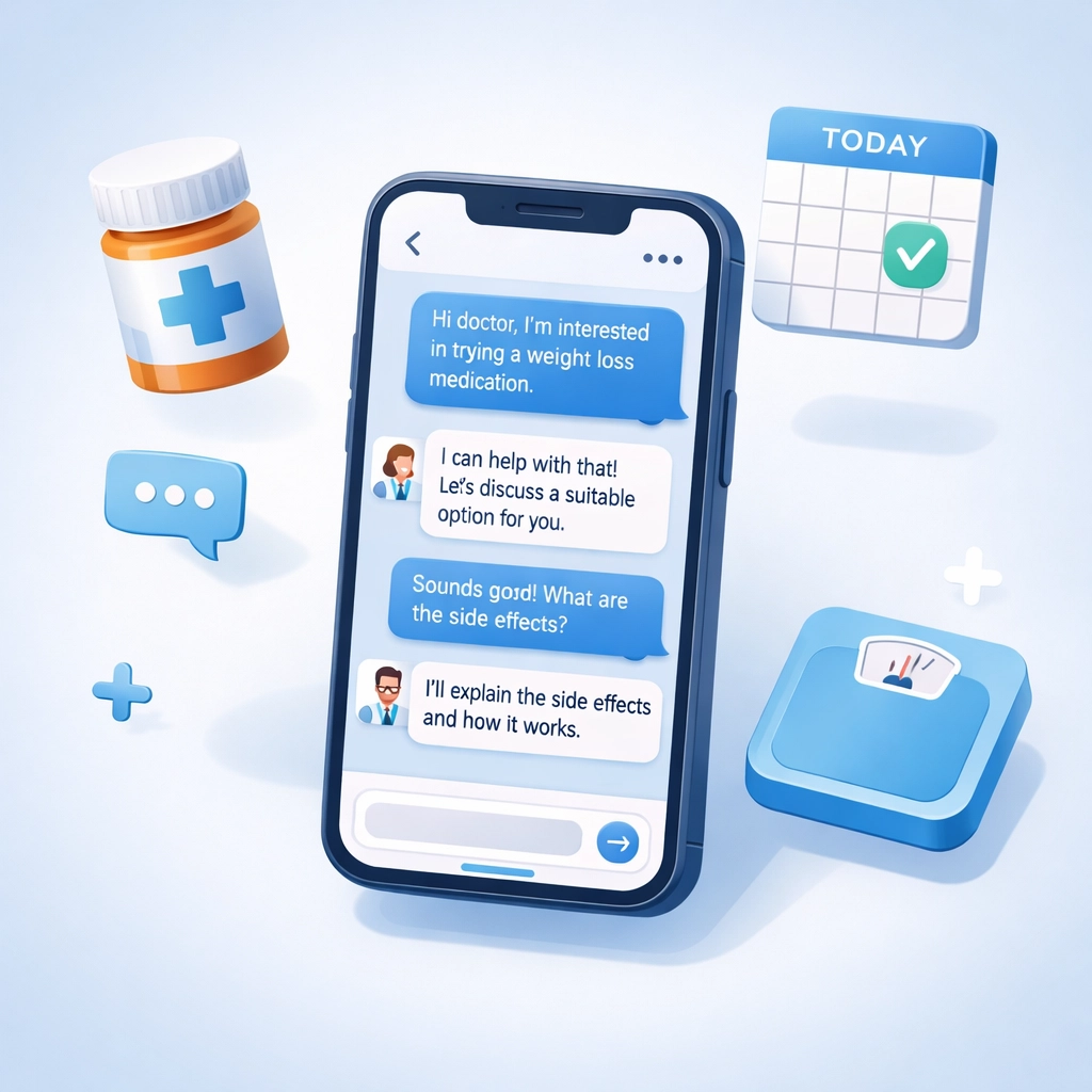 Smartphone displaying online weight loss consultation chat with doctor for Wegovy and Zepbound prescription
