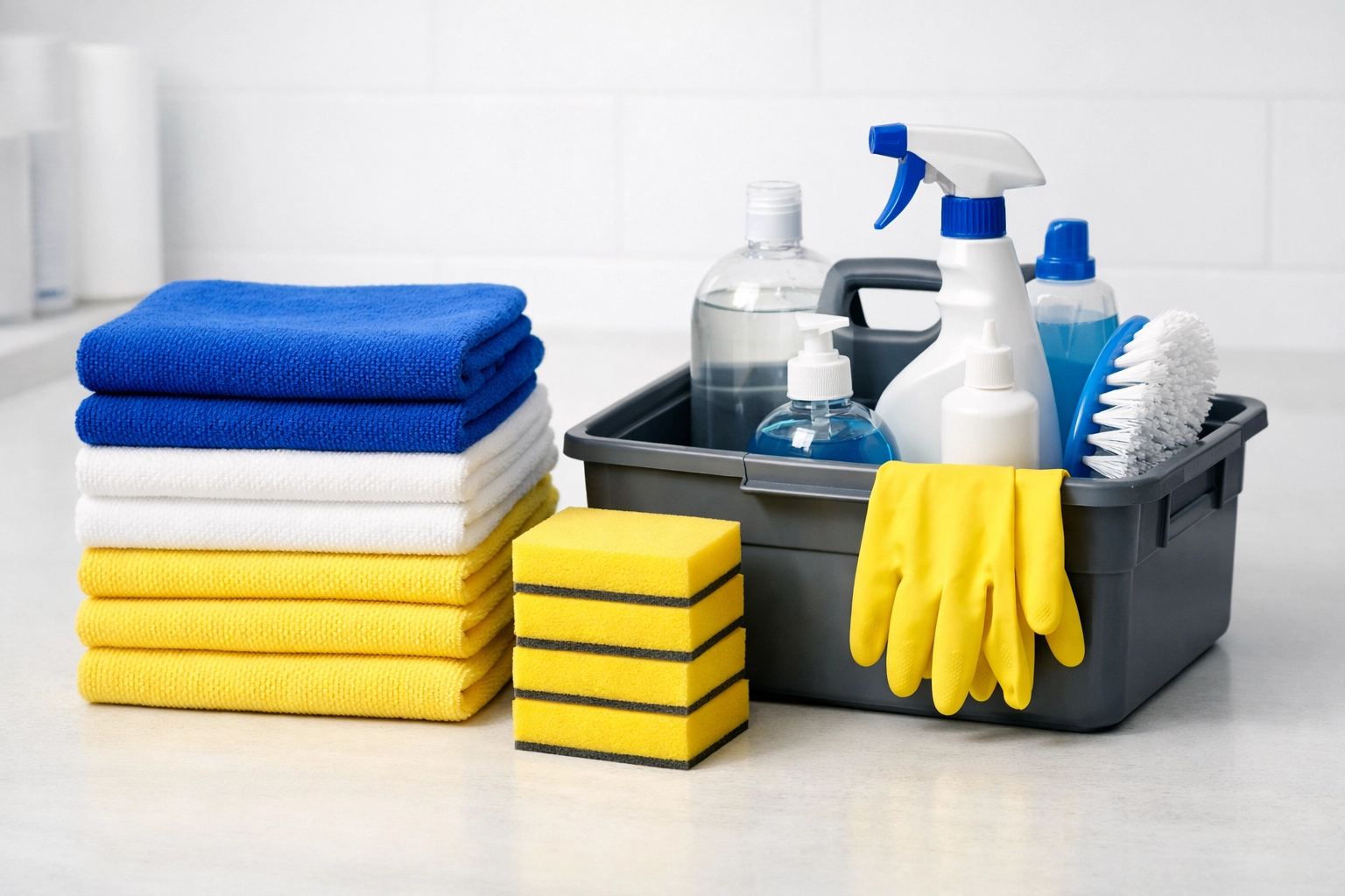Organized professional supplies for house cleaning Worcester MA including clean microfiber towels and sponges.