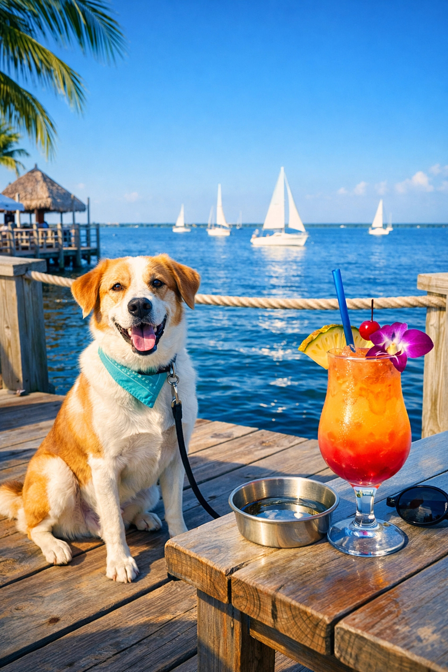 Dog sitting at a pet-friendly waterfront patio in SWFL with sailboats on the Gulf in the background.