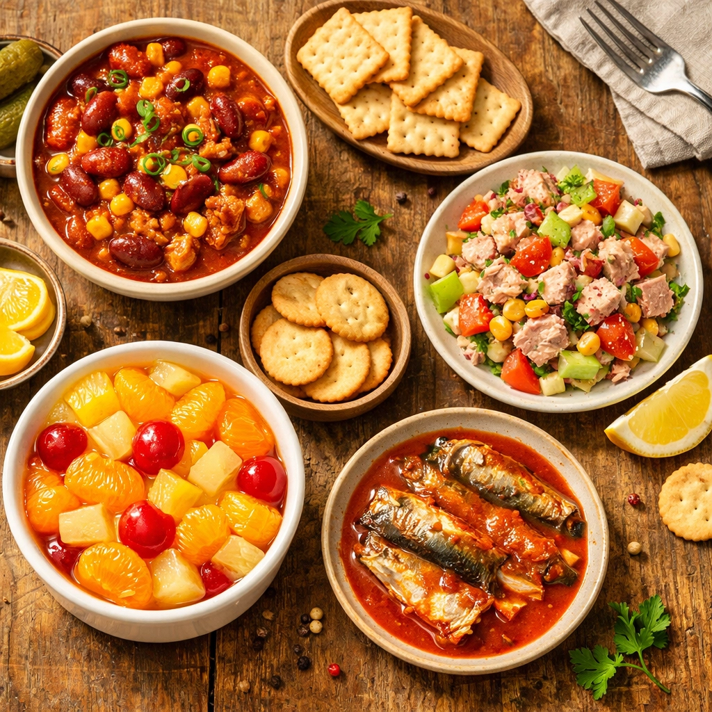 Image of different food dishes that can be made with canned food and a little imagination!