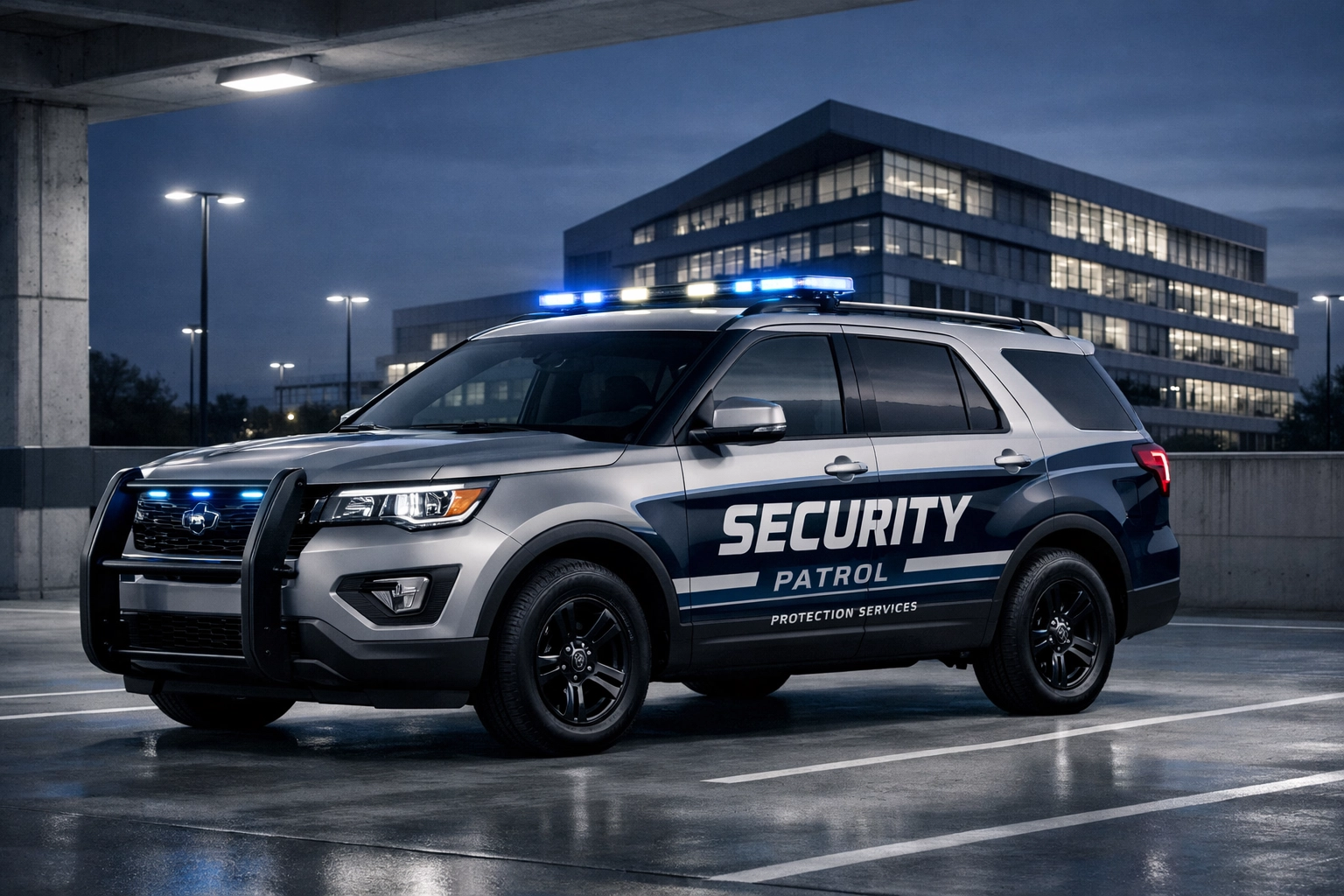 Marked vehicle patrol security California unit monitoring a commercial parking garage for tenant safety.