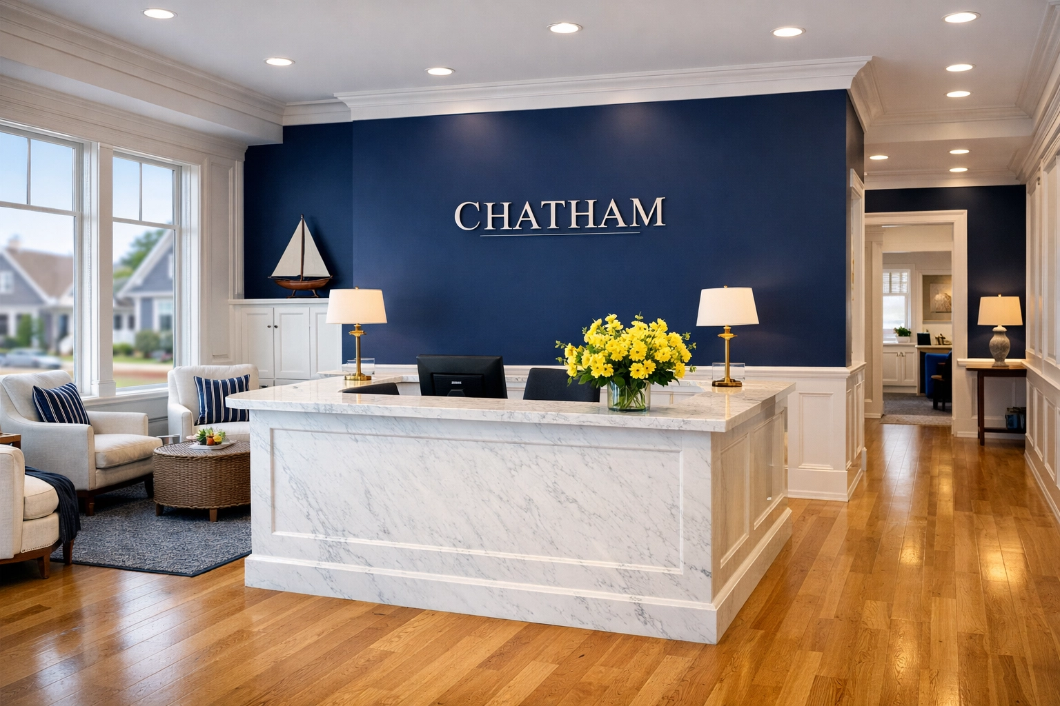 Clean high-end office lobby in Chatham, MA maintained by professional commercial cleaning services.