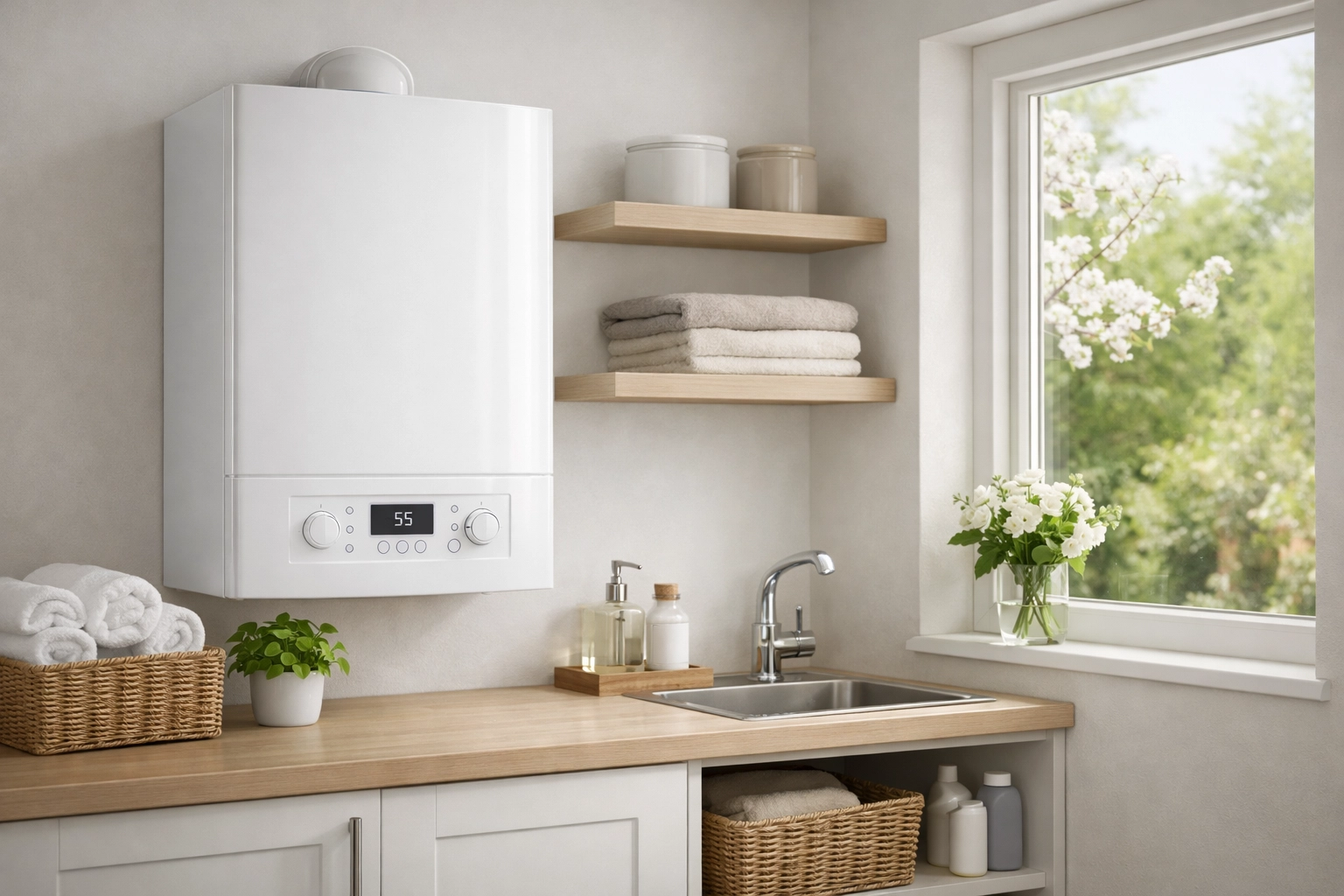 Second featured image showing a clean modern boiler in a bright UK home with a spring feel.