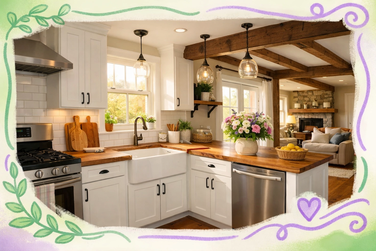 Bright farmhouse kitchen with white cabinets in Acworth home ready for sale