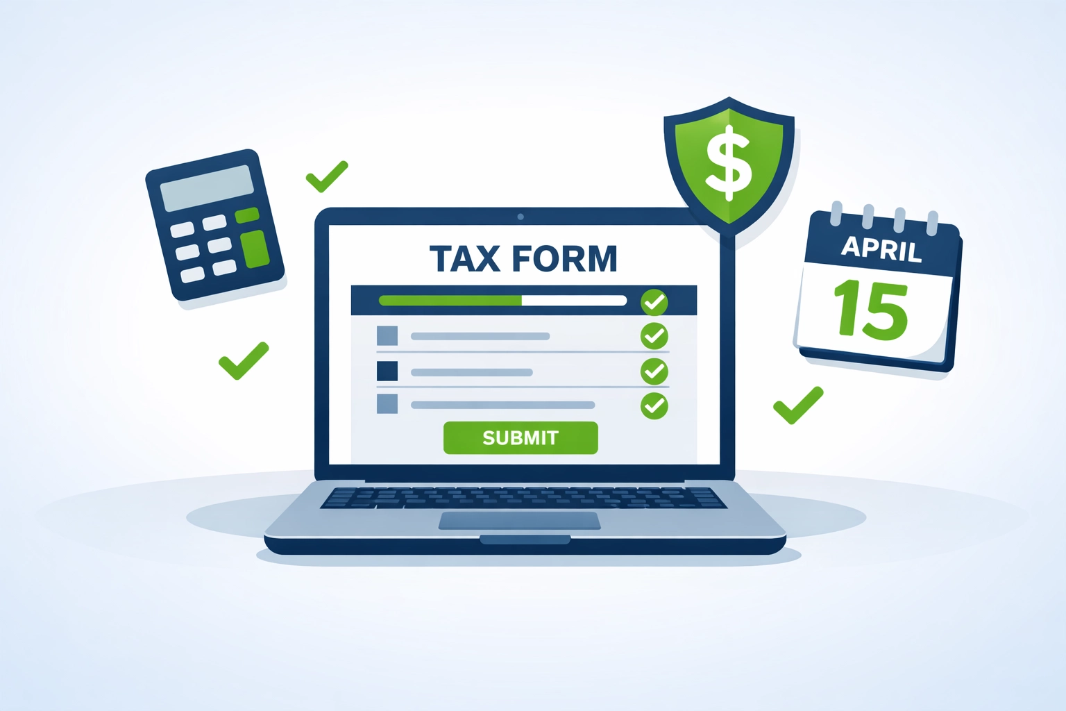 IRS Free File software interface on laptop with tax forms and April 15 deadline calendar