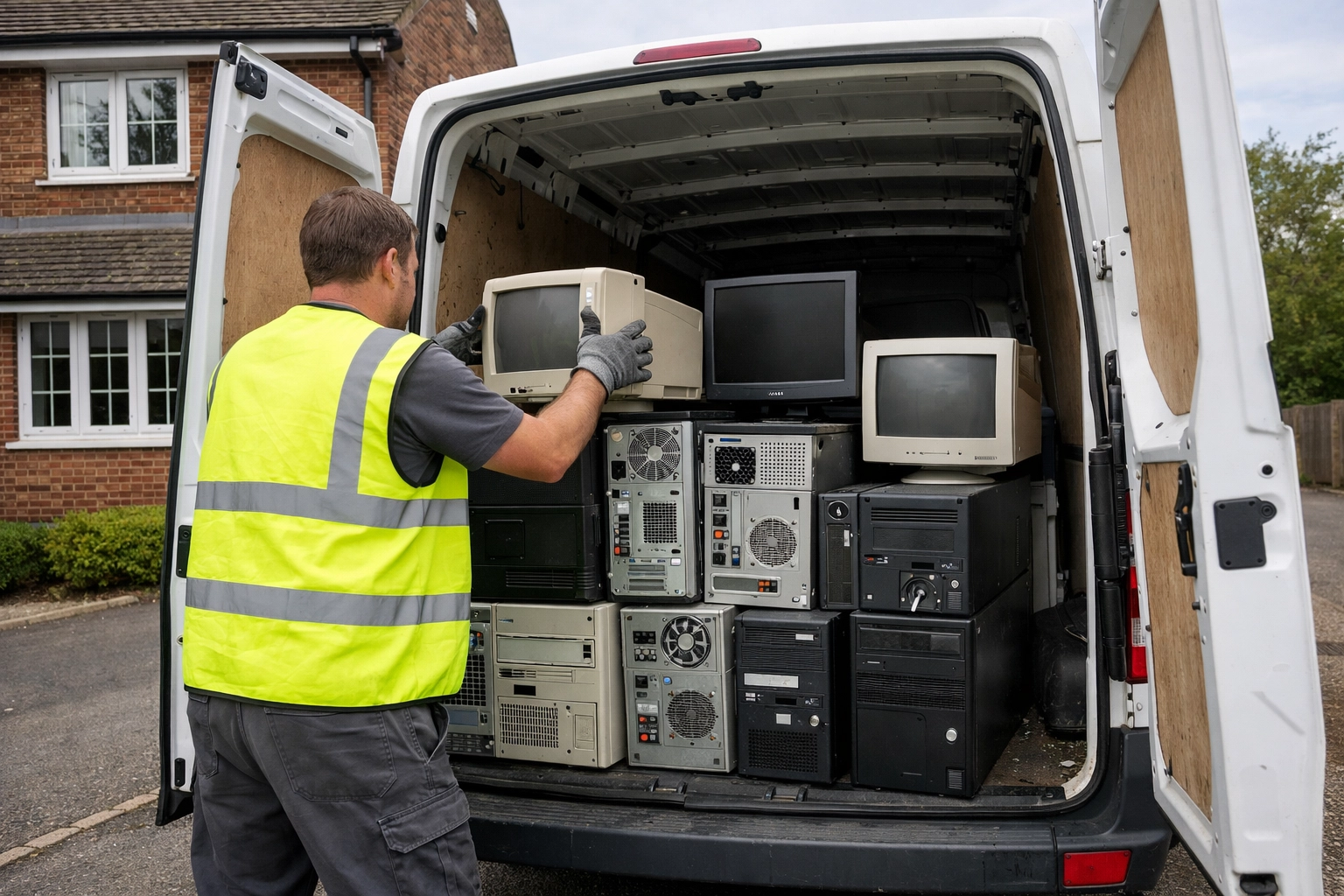Professional IT recycling collection of computer towers and monitors from a Northamptonshire home.