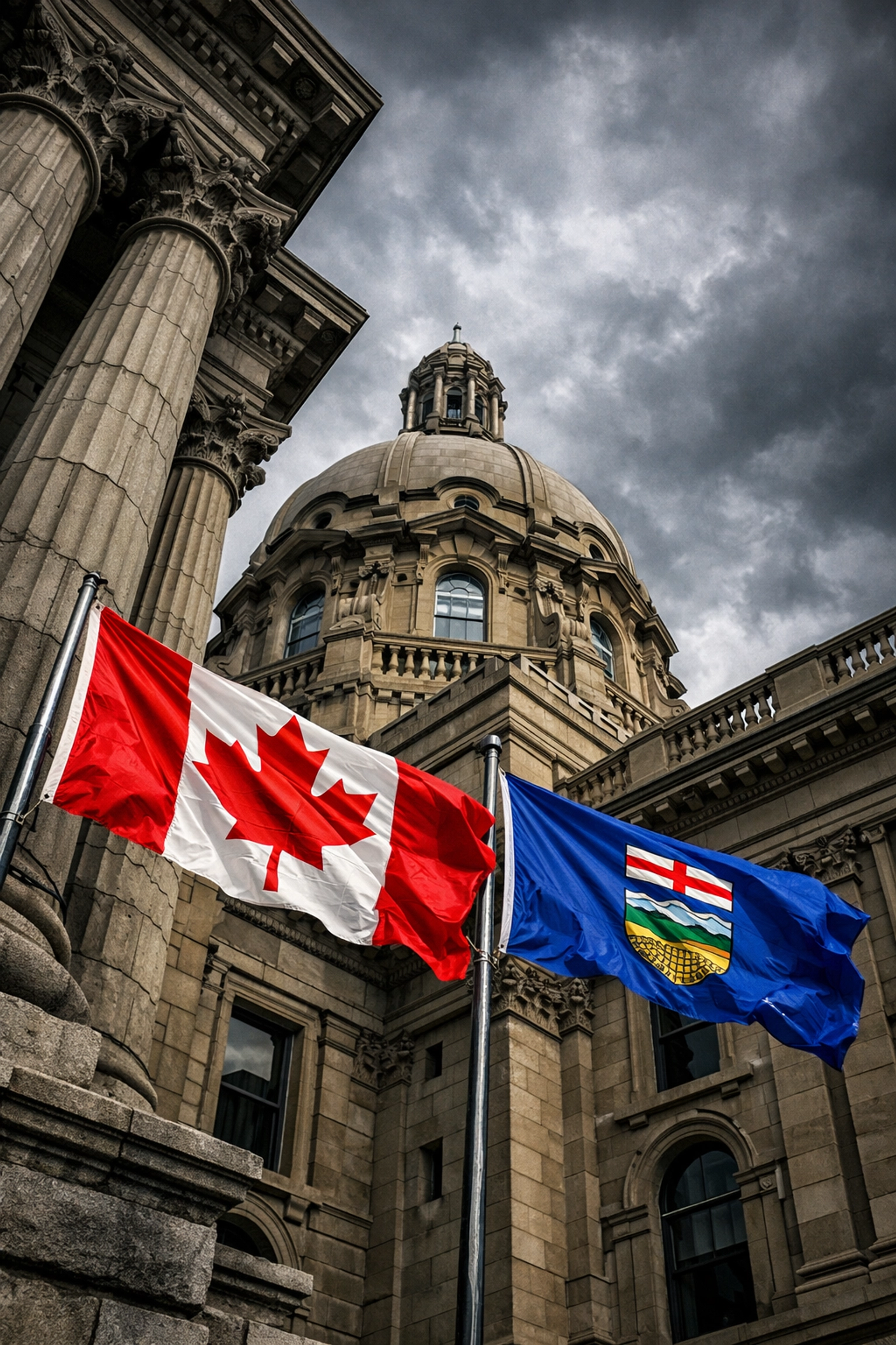 The Alberta Legislative Building with Canadian and provincial flags under a moody sky.