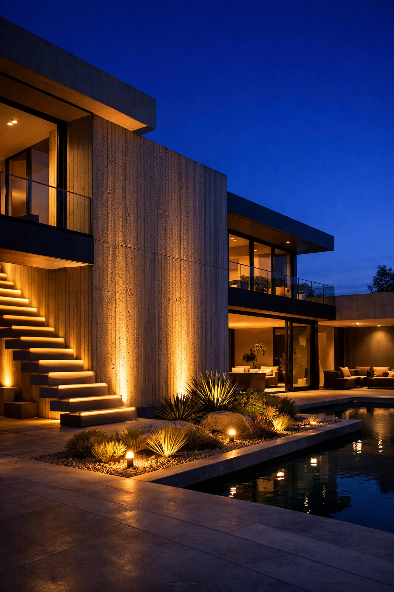 Exterior architectural lighting showcasing a luxury villa facade with warm up-lights at twilight.