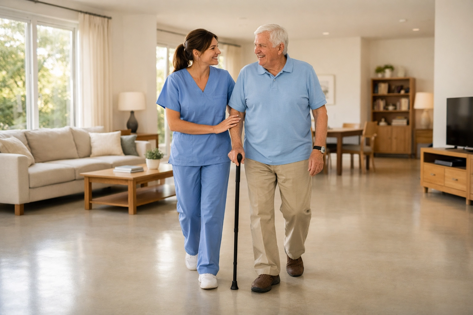 A caregiver and senior walk through a clutter-free, fall-safe living room with clear paths and natural lighting.